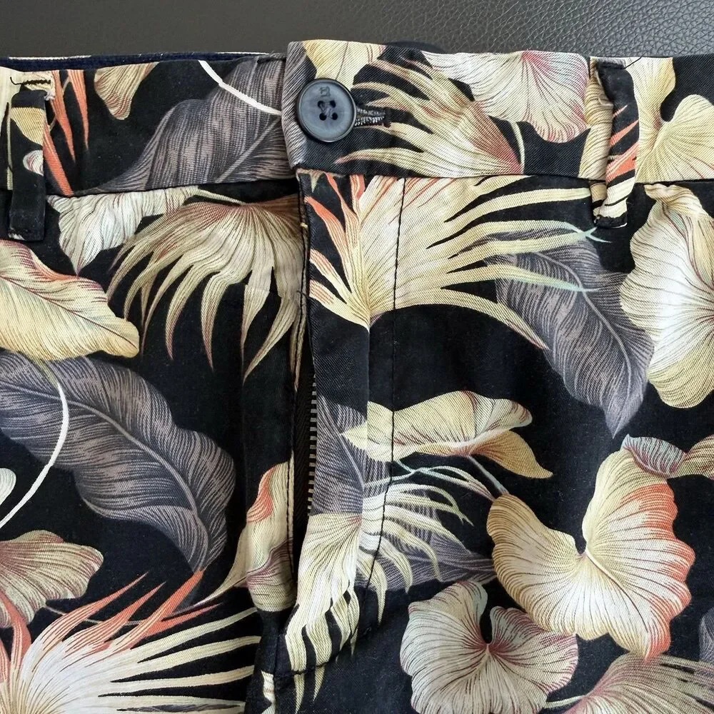 Scotch & Soda Men Sz 32 Tropical Palm Leaf Chino Shorts Black Botanical Coastal